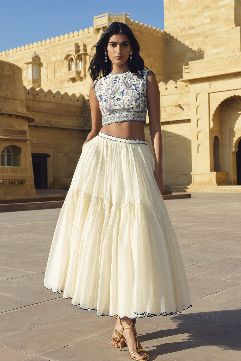 Emalia Embroidered Mul Skirt Set - Natural, White, image 1