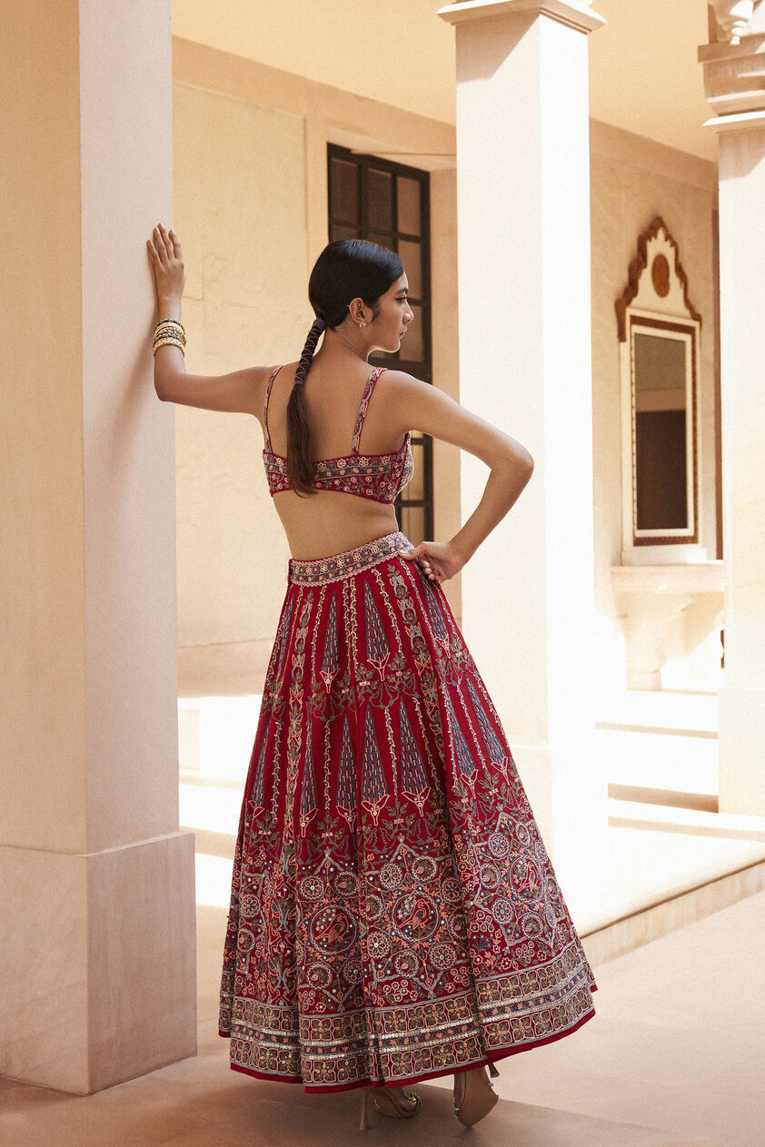 Alakana SEWA Hand-embroidered Silk Skirt Set - Red, Red, image 2