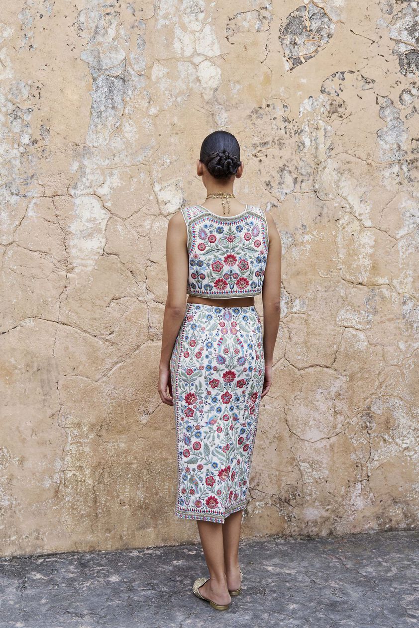 Galaxy Of Flowers Embroidered Silk Skirt Set - Cream, Cream, image 2