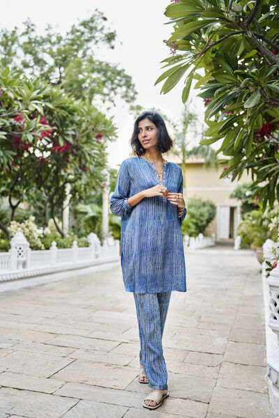 Drift Hand-block Printed Gold Khadi Coord - Indigo