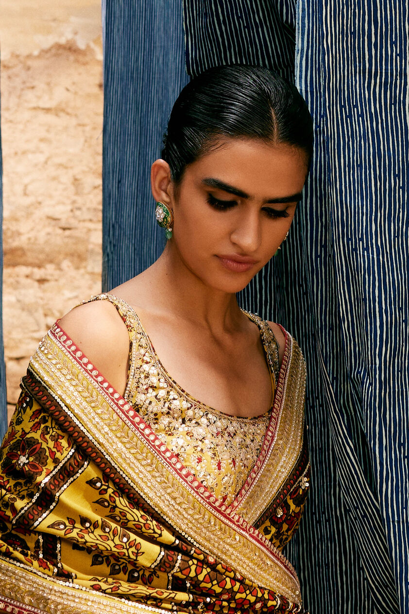 Kasano Ajrakh Hand-block Printed Silk Choli - Mustard, Mustard, image 2