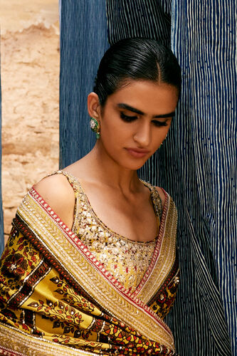 Kasano Ajrakh Hand-block Printed Silk Choli - Mustard, Mustard, image 2