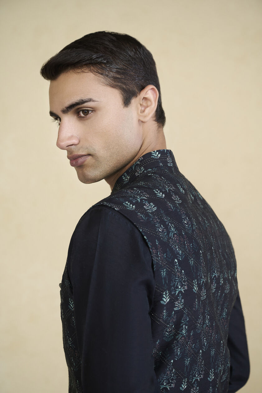 Edhas Embroidered & Printed Silk Nehru Jacket - Black, Black, image 6
