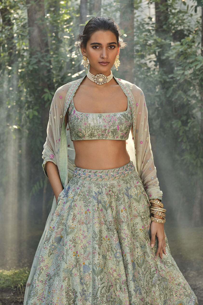 Alazani Embroidered Silk Lehenga Set - Sage, Sage, image 5