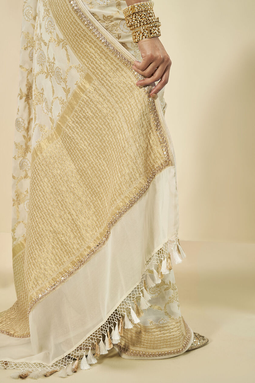 Aaradhana Benarasi Silk Embroidered Saree, Cream, image 5