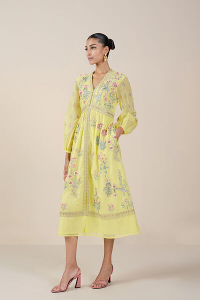 Rhapsody Embroidered Mul Dress - Yellow