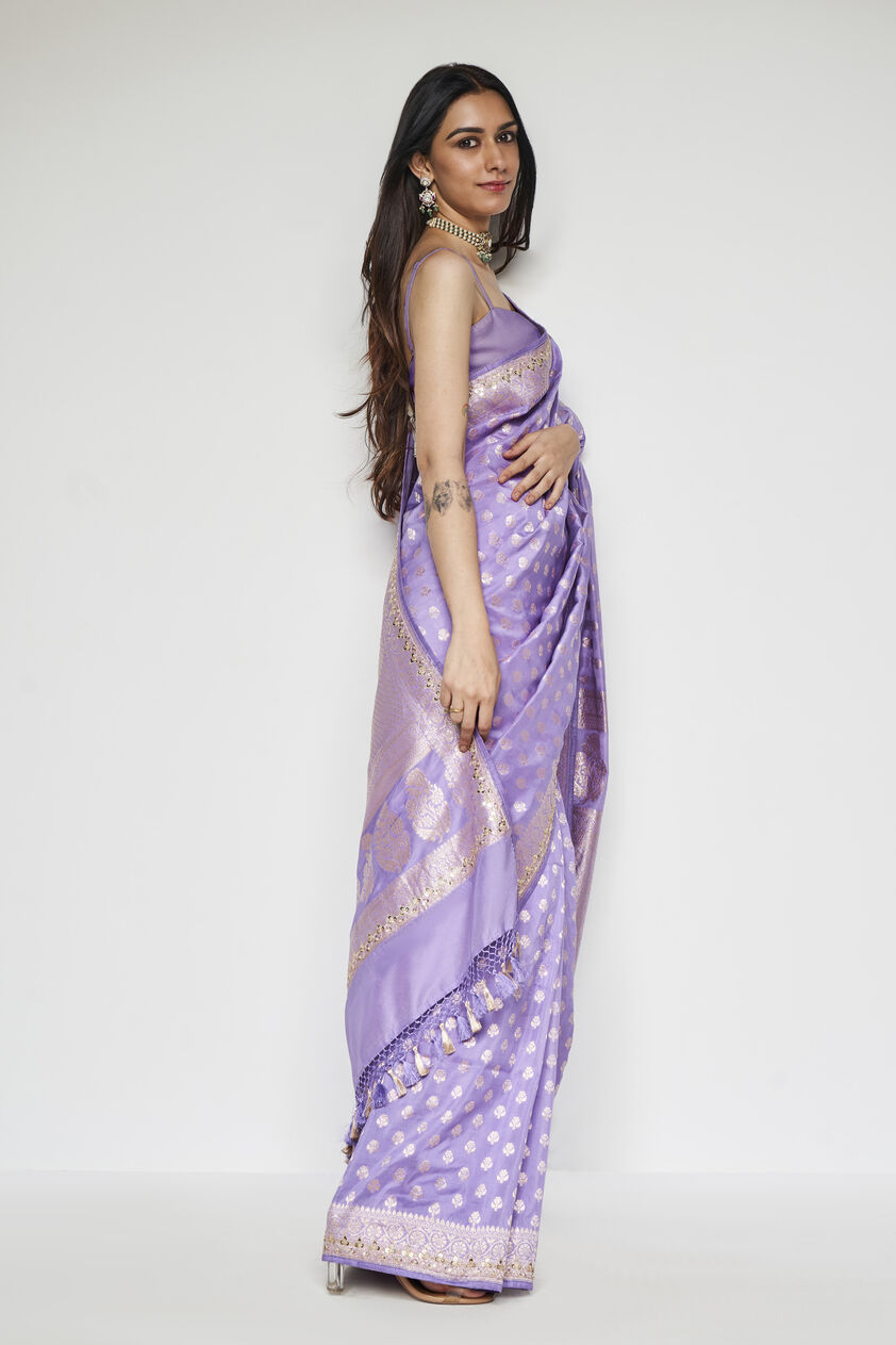 Briti Benarasi Silk Embroidered Saree - Lilac, Lilac, image 3