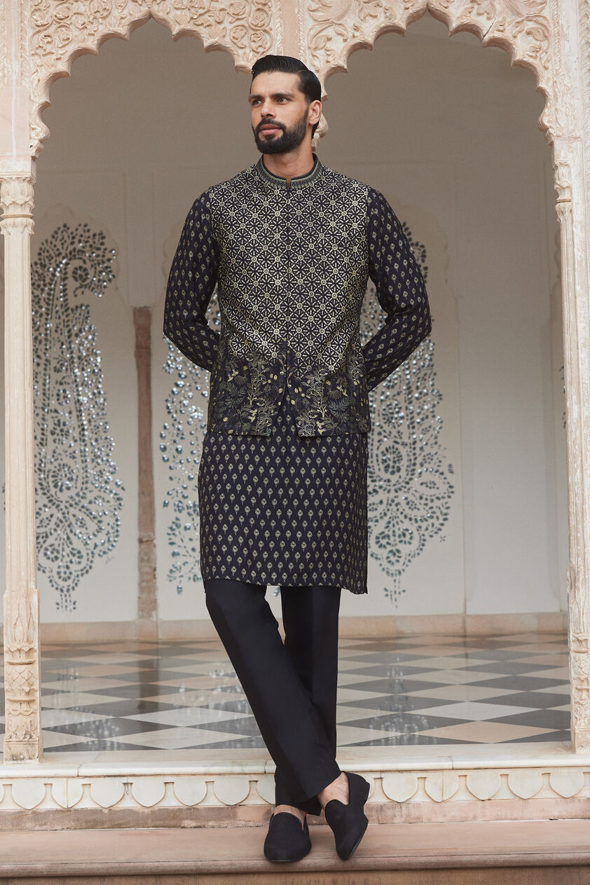 Yasen Silk Nehru Jacket - Black, Black, image 1