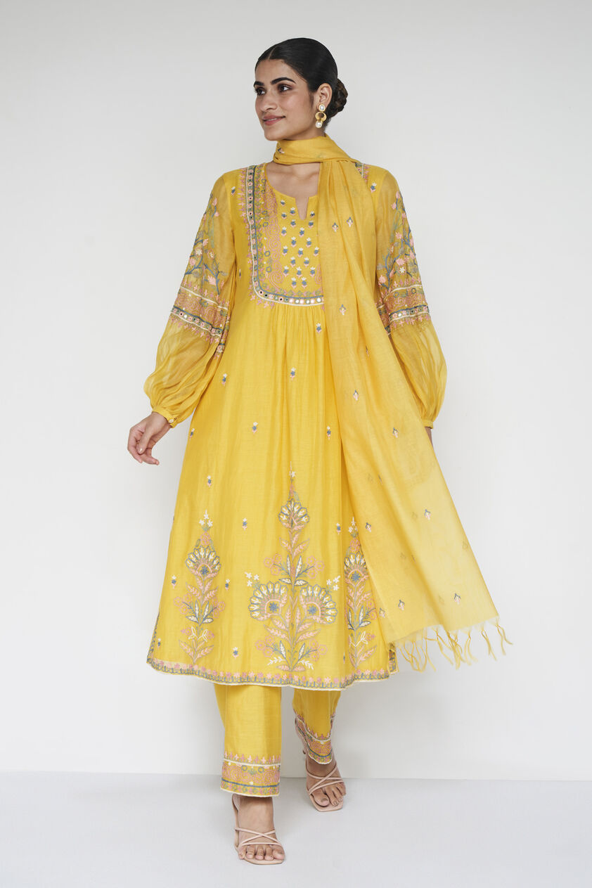 Philomel Embroidered Zardozi Silk Suit Set - Yellow, Yellow, image 1