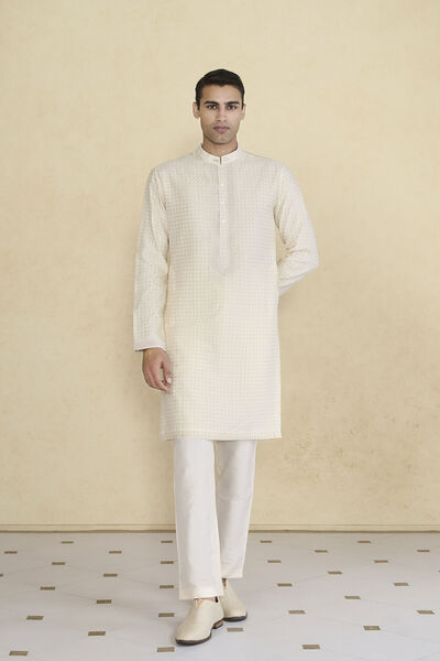 Hemansh Embroidered Silk Kurta - Cream