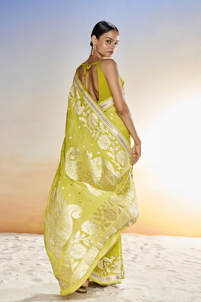 Abhinaya Benarasi Silk Embroidered Saree, Lime, image 3