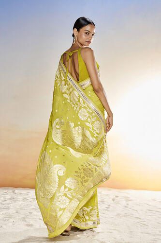 Abhinaya Benarasi Silk Embroidered Saree, Lime, image 3