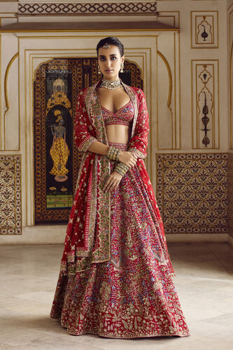 Sabaaha Embroidered Silk Lehenga Set - Red, Red, image 1