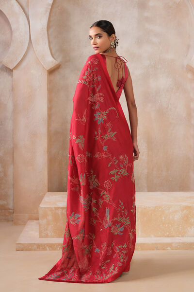 Corcoran Hand-embroidered Kantha Silk Saree - Red