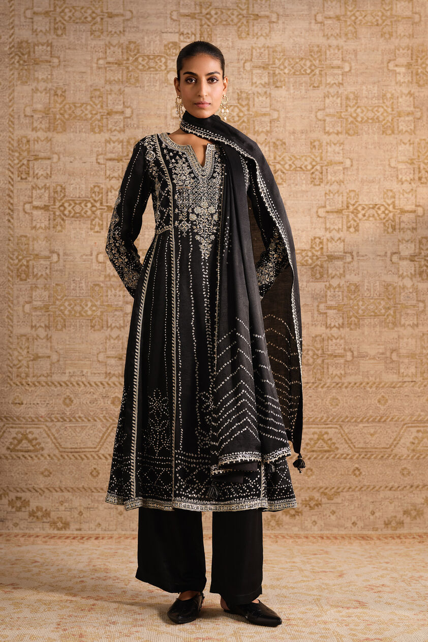 Niruhana Handcrafted Bandhani Silk Suit Set - Black, Black, image 1