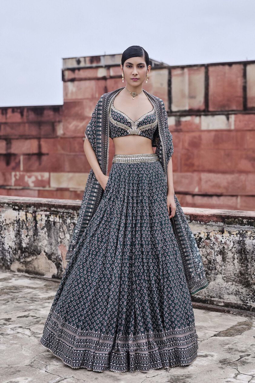 Arvia Printed Mul Lehenga Set - Green, Green, image 3