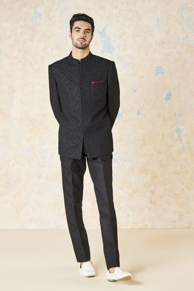 Aadav Embroidered Cord Silk Bandhgala - Black