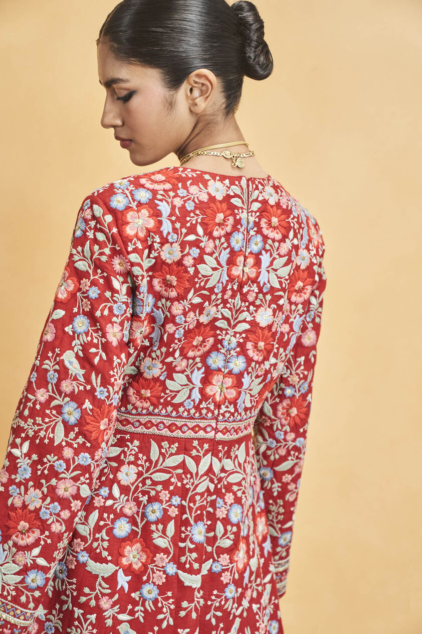Floral Ballad Embroidered Zardozi Silk Kurta Set - Red, Red, image 8