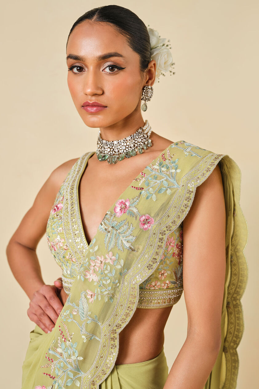 Aadhvita Embroidered Georgette Pre-draped Saree - Lime, Lime, image 2
