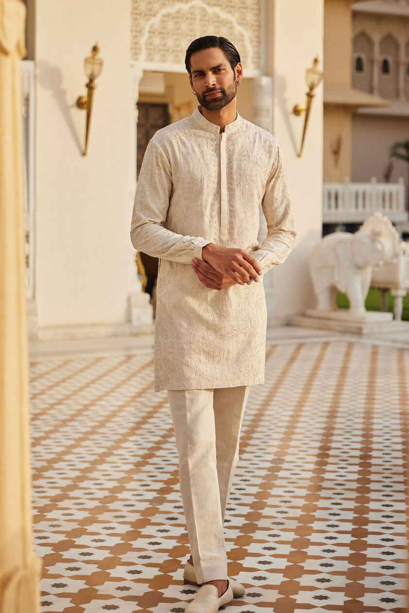 Adyant Embroidered Silk Kurta - Off White, Off White, image 1
