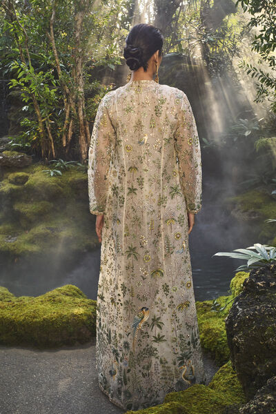 Shajar Hand-painted Pichhwai Silk Jacket Set - Ivory