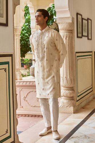 Jagan Embroidered Silk Kurta - Cream, Cream, image 1
