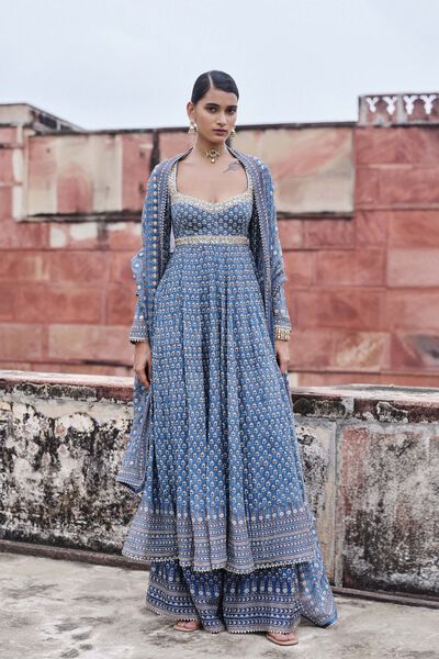 Abjini Printed Mul Anarkali Set - Blue