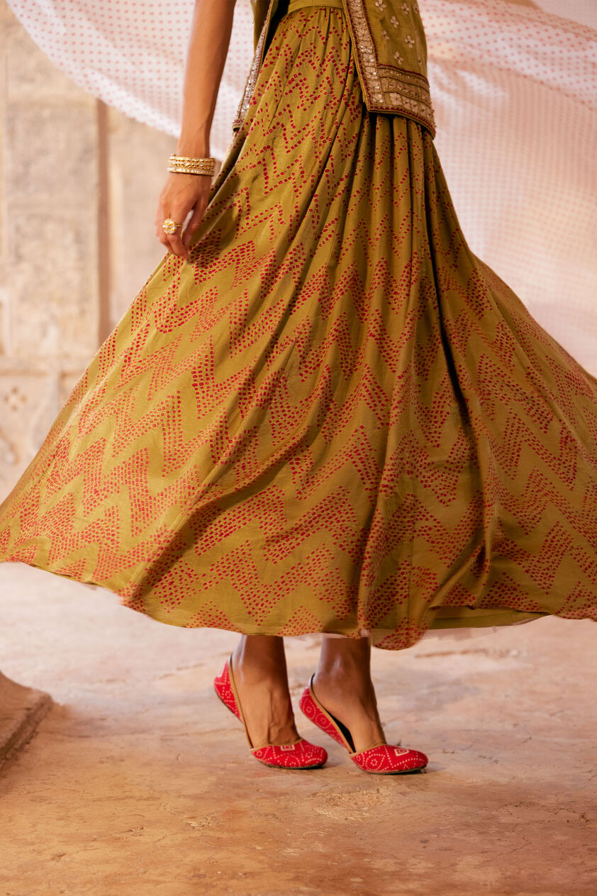 Rann Handcrafted Bandhani Silk Skirt Set - Olive, Olive, image 3