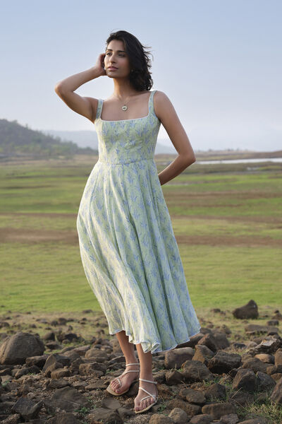 Seara Hand-block Printed Mul Dress - Sage