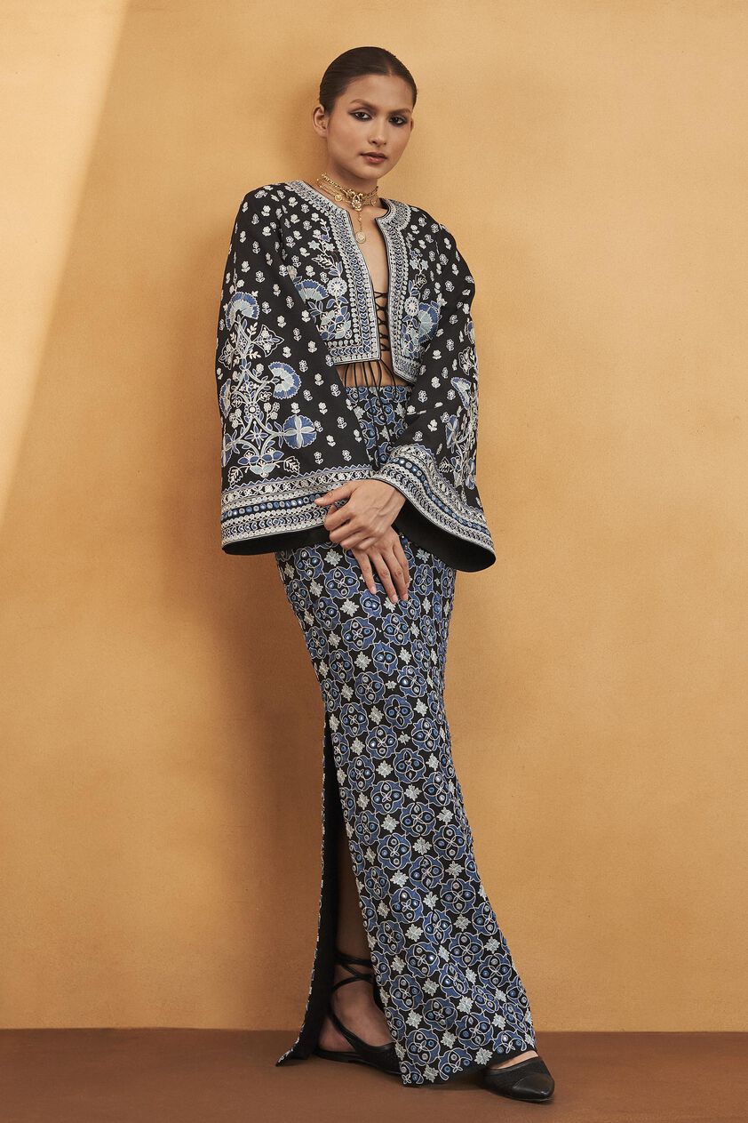Symphony Of Blooms Mirror Embroidered Silk Jacket - Black, Black, image 1