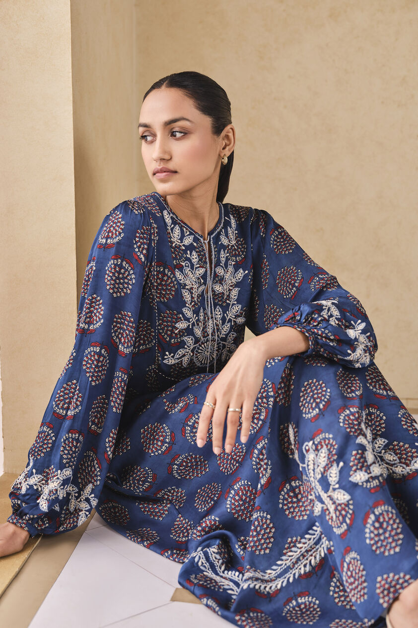 Aze Handcrafted Ajrakh A-Line Dress - Blue, Blue, image 5