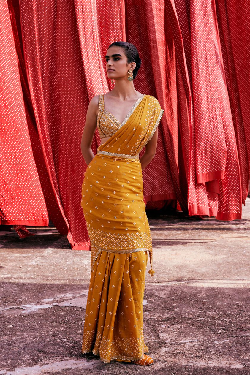 Bahi Handcrafted Bandhani Silk Saree, Mustard, image 1