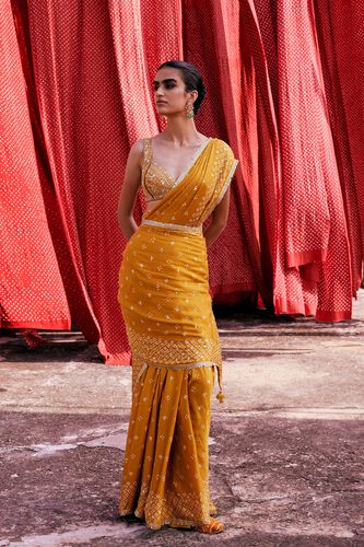 Bahi Handcrafted Bandhani Silk Saree, Mustard, image 1