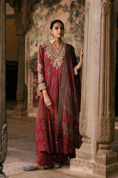 Saaj Ajrakh Hand-block Printed Silk Suit Set - Red