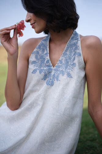 Aves Hand-block Printed Mul Dress - Blue, White, image 8