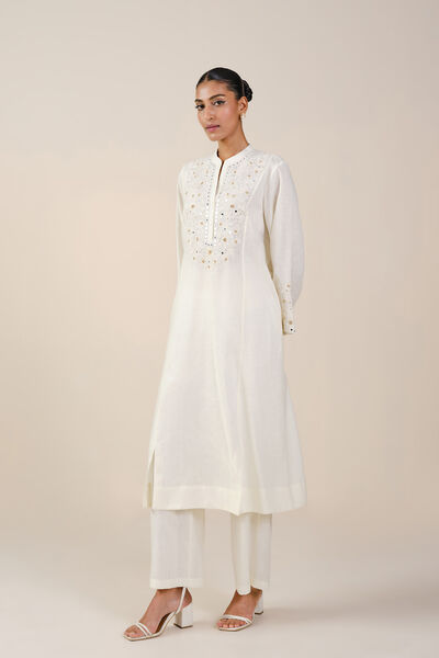 Sikara Mirror Embroidered Linen Kurta Set - Natural