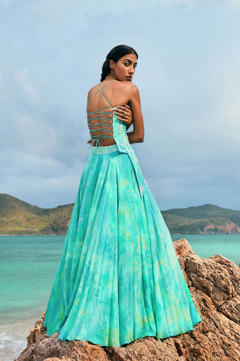 Cadenza Georgette Asymmetrical Skirt Set - Aqua, Aqua, image 2