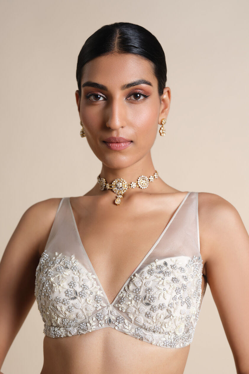 Waterway Embroidered Silk Choli - Ivory, Ivory, image 1