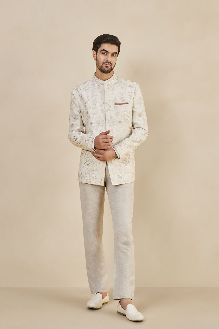 Nirad Embroidered Silk Bandhgala - Ivory, Ivory, image 1