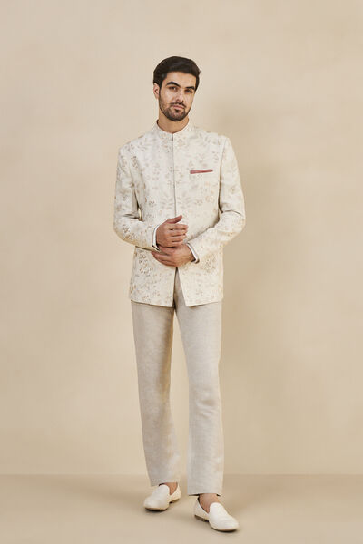 Nirad Embroidered Silk Bandhgala - Ivory