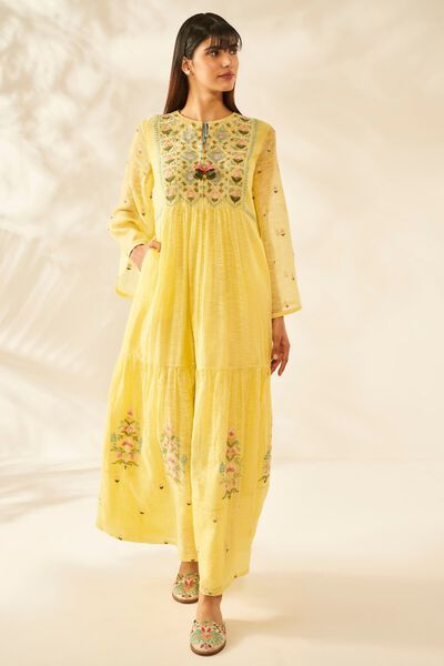 Hand-Embroidered Summer Dress​​-Yellow