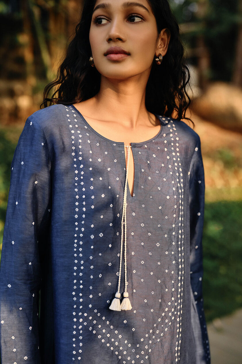 Coast Handcrafted Bandhani Linen Kaftan - Indigo, Indigo, image 3
