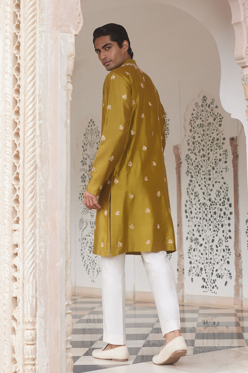 Jagan Embroidered Silk Kurta  - Lime, Lime, image 2