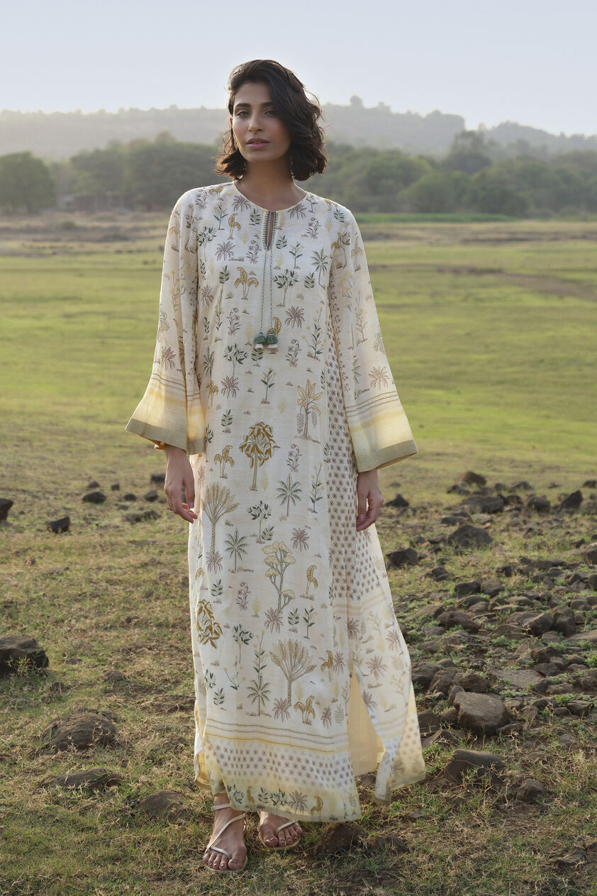 Season Song Hand-embroidered Kantha Kaftan - Yellow, Ivory, image 1