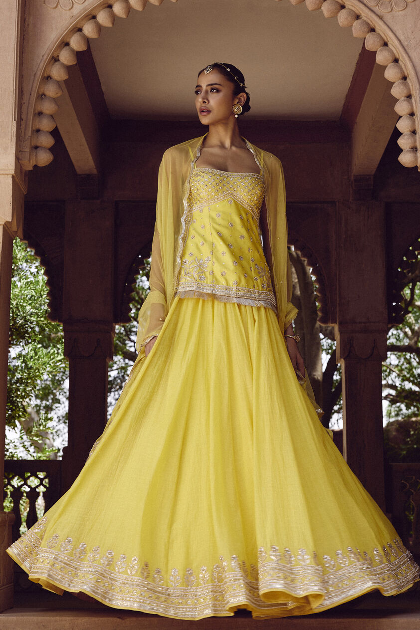 Srika Gota Patti Mul Skirt Set - Yellow, Yellow, image 3