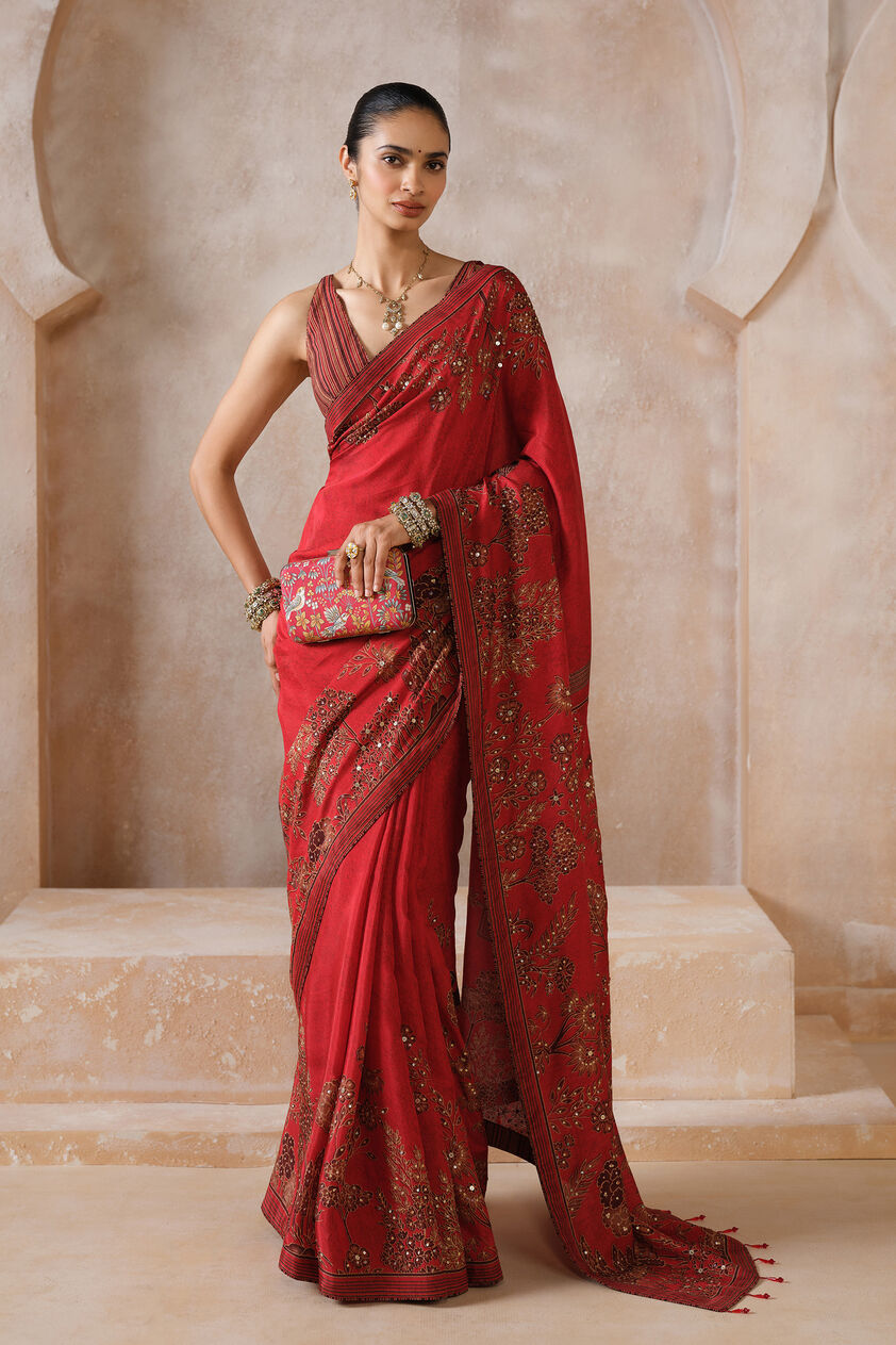 Anaiza Sequin Chiffon Saree - Red, Red, image 1