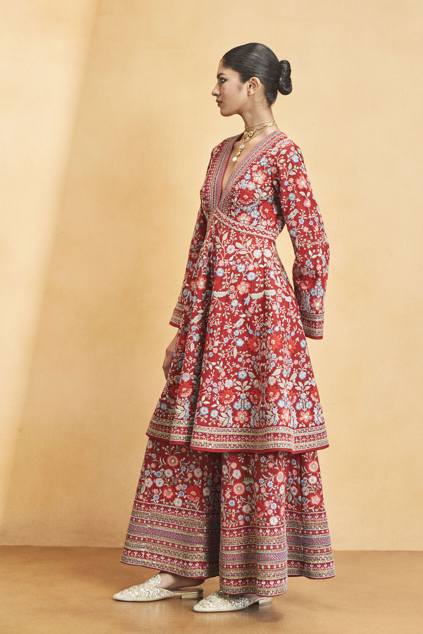 Floral Ballad Embroidered Zardozi Silk Kurta Set - Red, Red, image 4