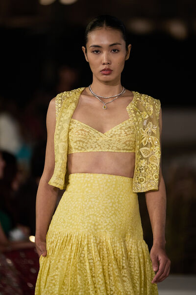 Zoheret Woven Benarasi & Appliqe Silk Skirt Set - Yellow