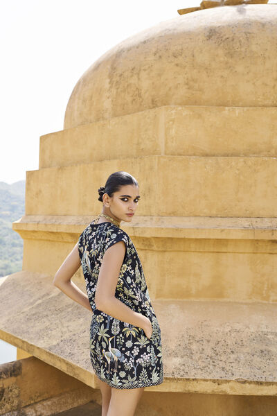 Symphony Of Songbirds Hand-painted Pichhwai Silk Dress - Black