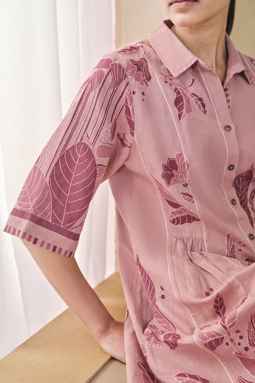 Fig Hand-embroidered Kantha Linen Dress - Pink, Pink, image 7